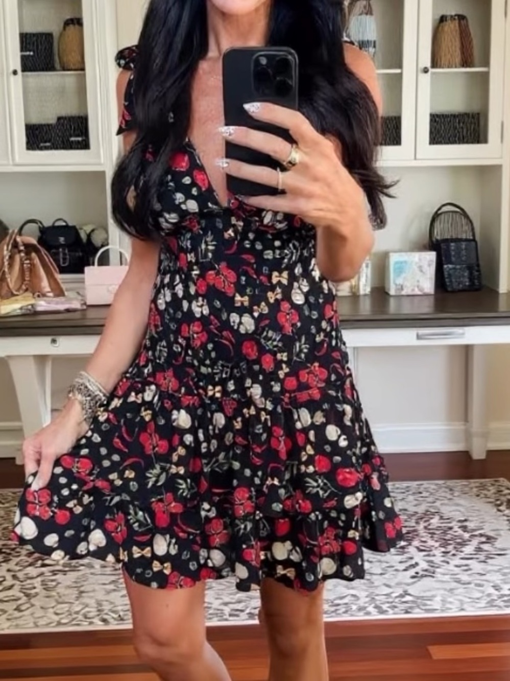 Floral Tie-Shoulder Sundress in Black and Red NWOT Pasta & Veggies Mini Dress M